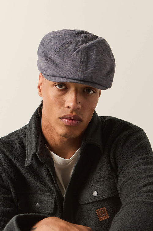 Brixton Brood striped newsboy cap in indigo and dark sand, view 2