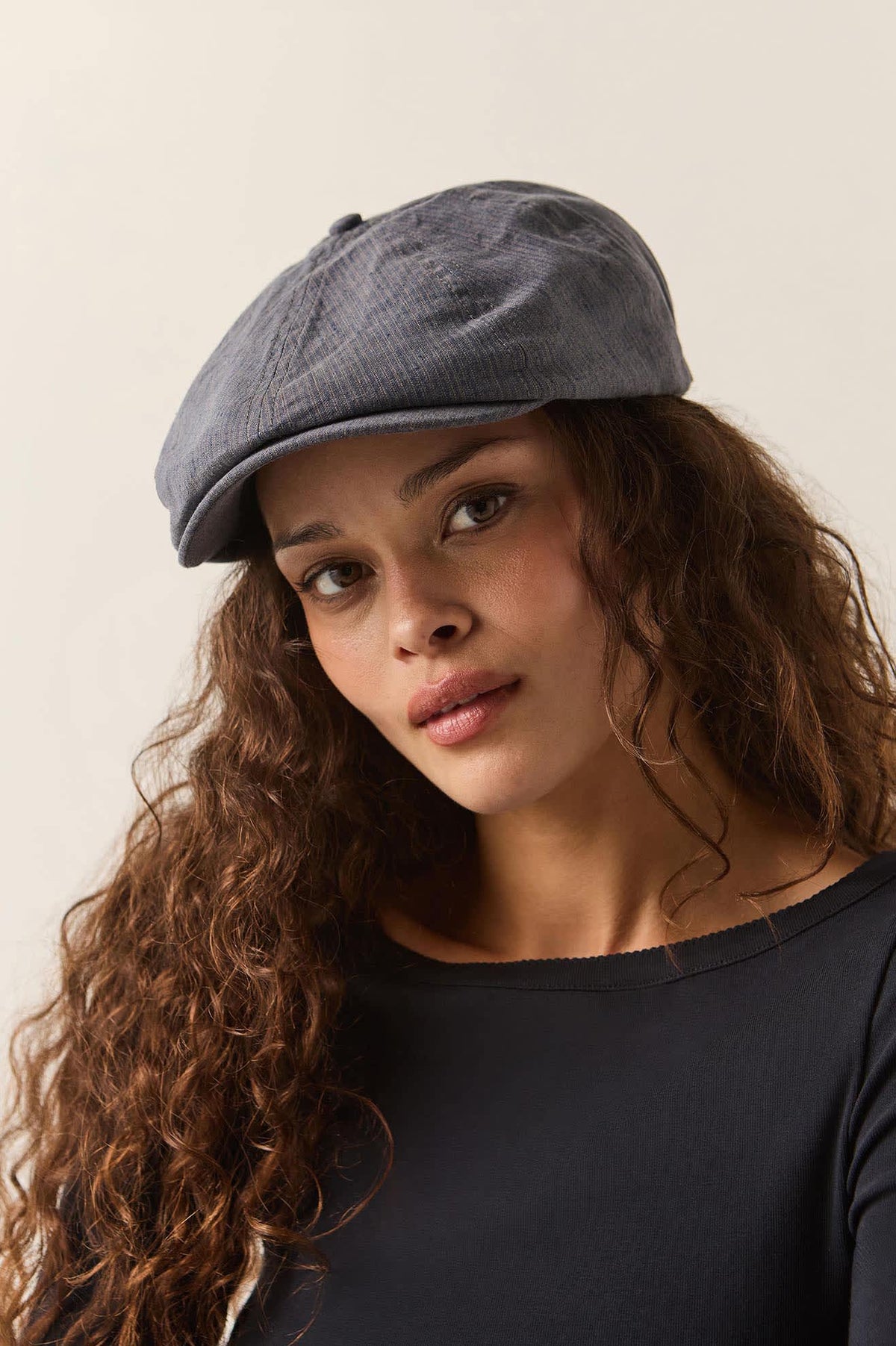 Brixton Brood striped newsboy cap in indigo and dark sand, view 3