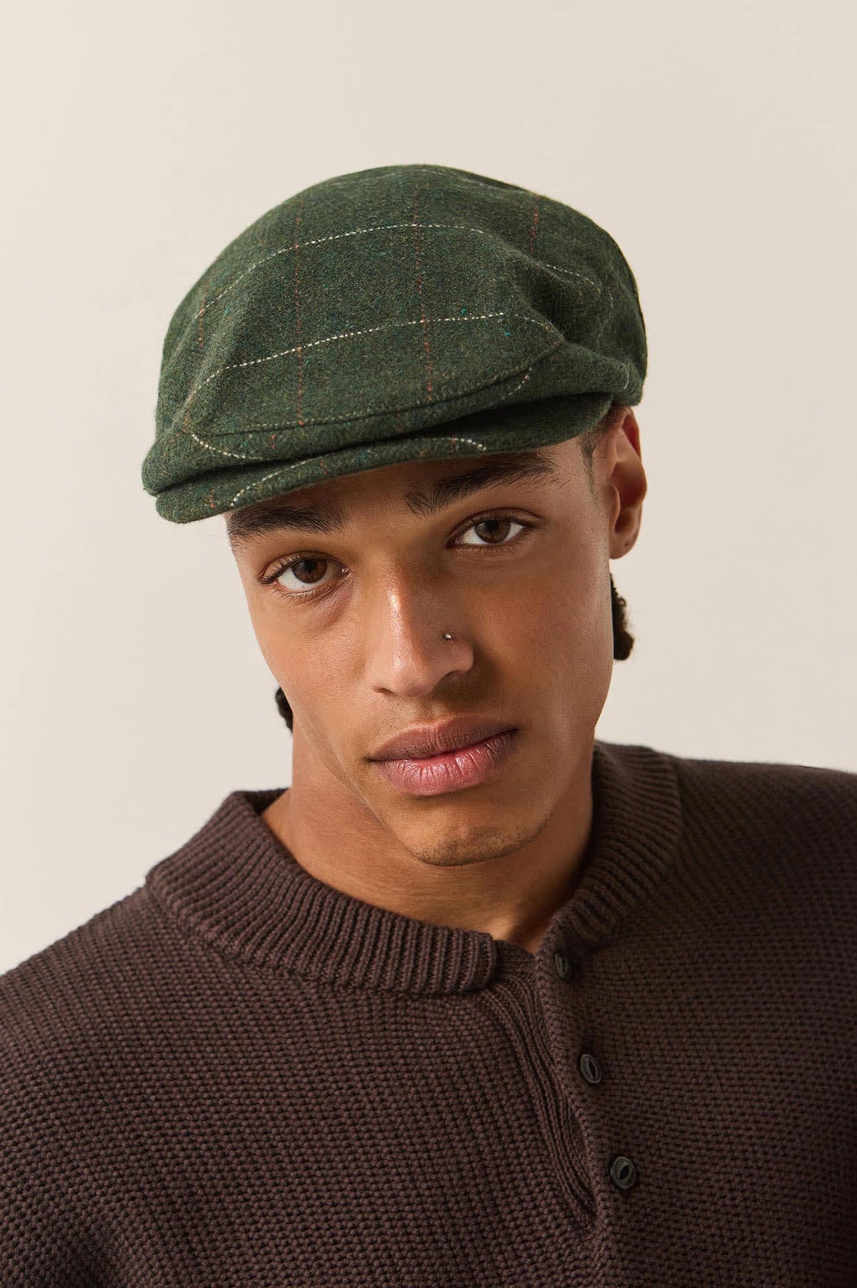 Brixton Hooligan herringbone plaid flat cap in moss and orange, view 2