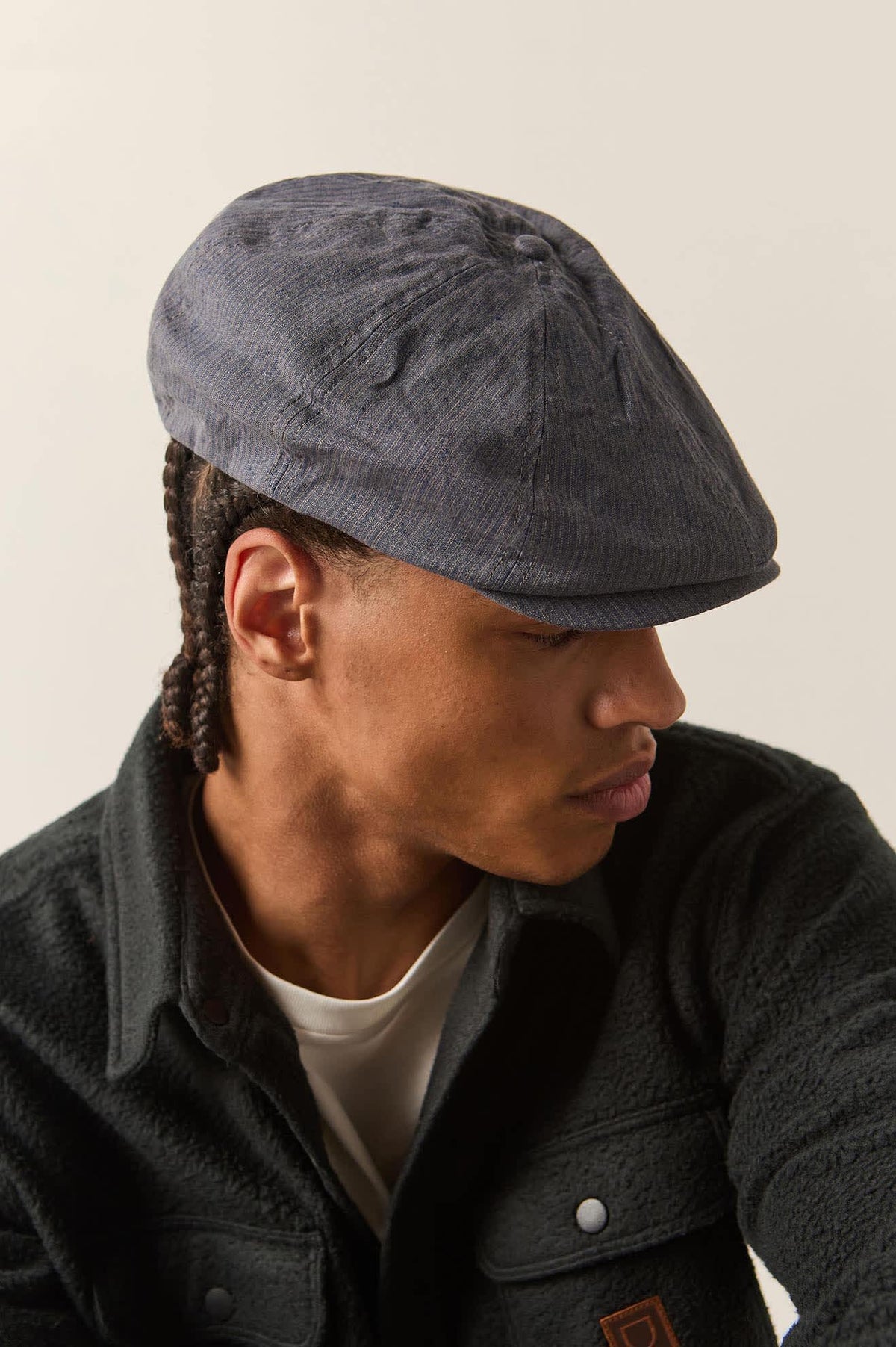 Brixton Brood striped newsboy cap in indigo and dark sand, view 4