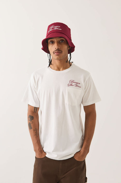 Brixton Burger She Wrote embroidered bucket hat in burgundy, view 2