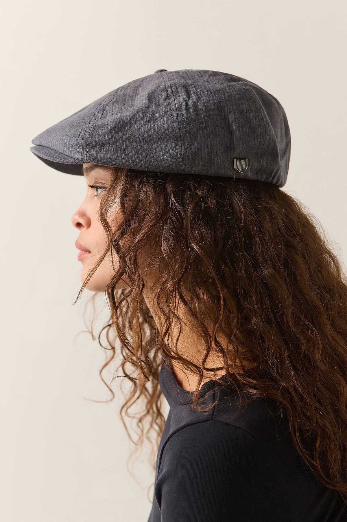 Brixton Brood striped newsboy cap in indigo and dark sand, view 5