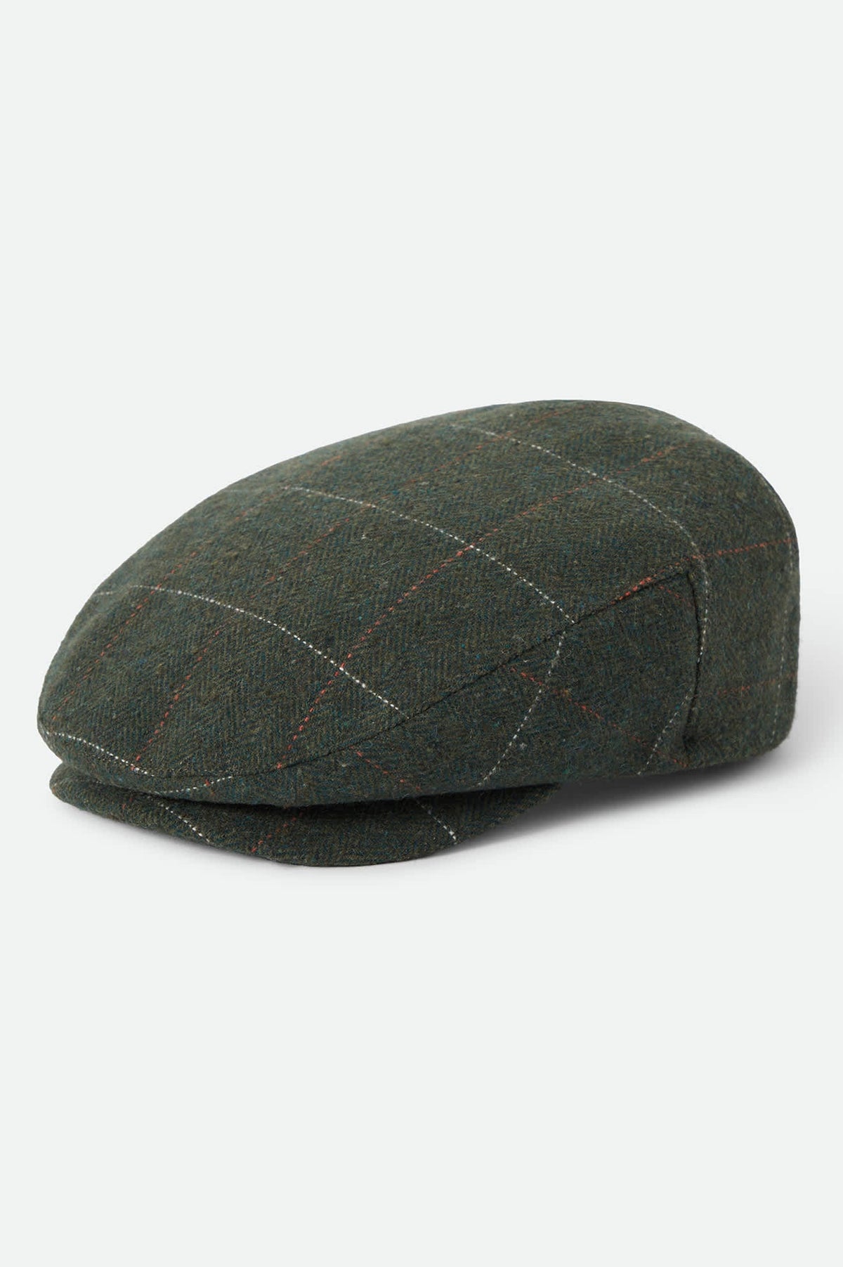 Brixton Hooligan herringbone plaid flat cap in moss and orange, view 1
