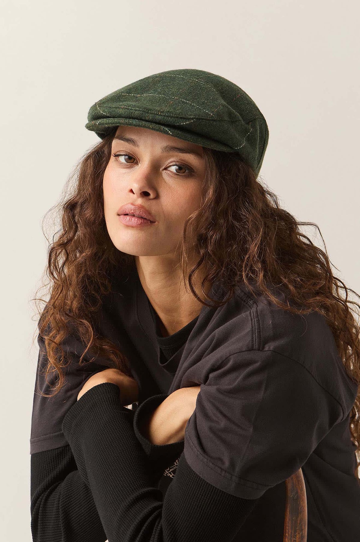 Brixton Hooligan herringbone plaid flat cap in moss and orange, view 3