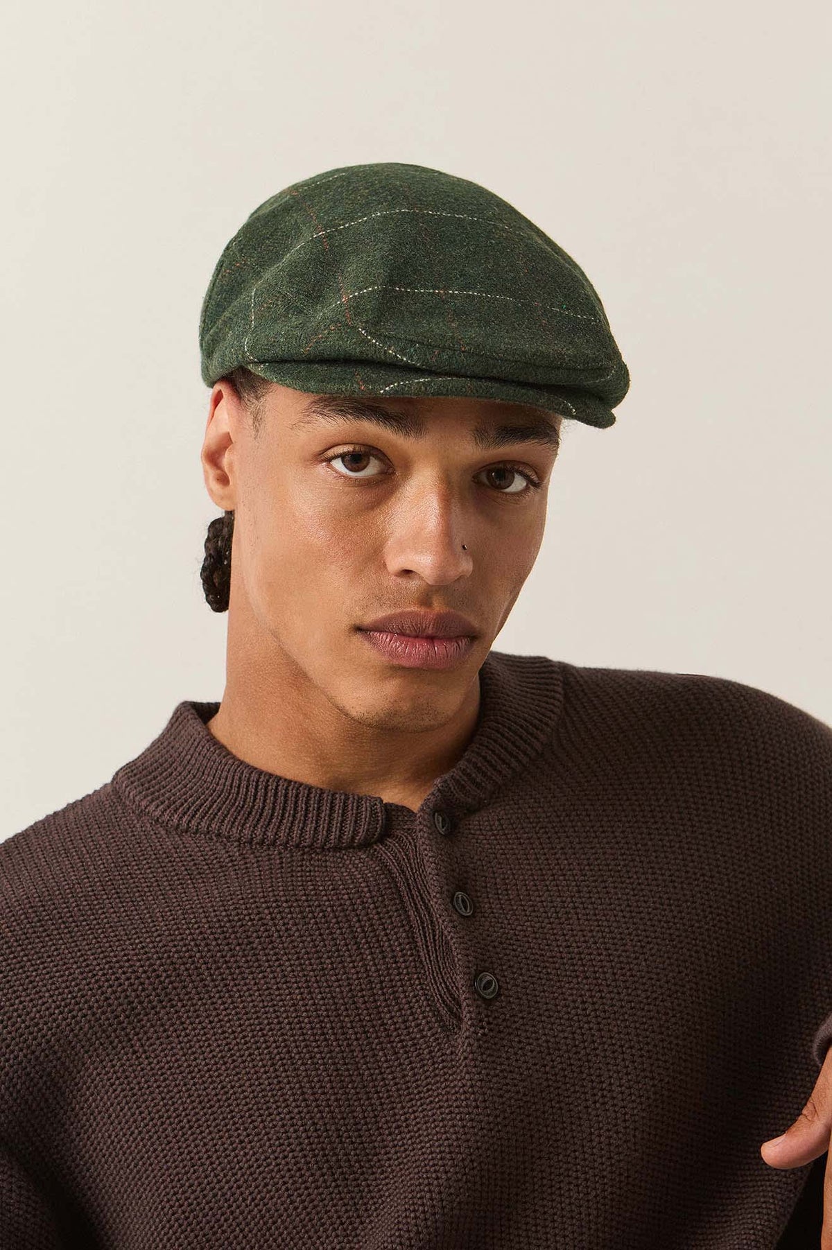 Brixton Hooligan herringbone plaid flat cap in moss and orange, view 4