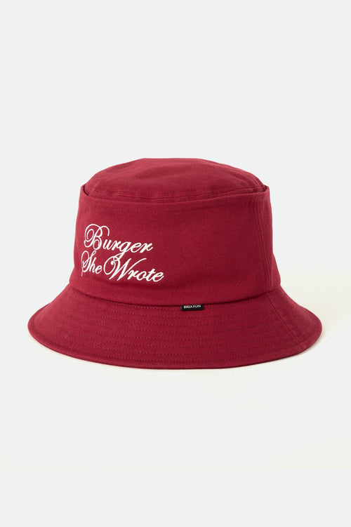 Brixton Burger She Wrote embroidered bucket hat in burgundy, view 1