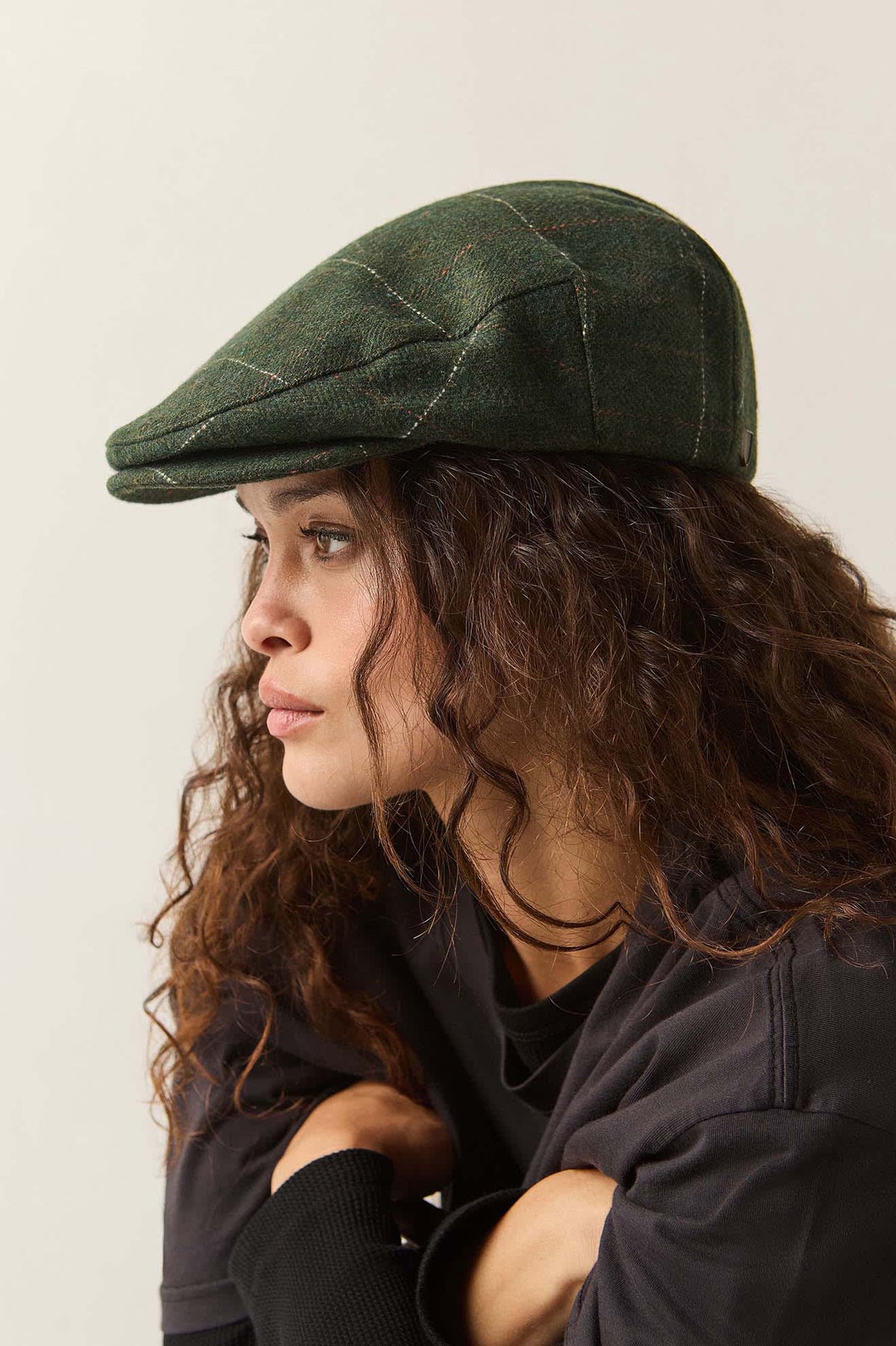 Brixton Hooligan herringbone plaid flat cap in moss and orange, view 5